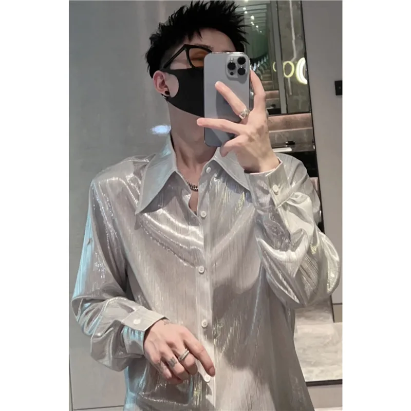2026 Spring Summer Men's Lightweight Smooth Long Sleeve Shirt Loose Korean Street Fashion Luxury Liquid Glaze Casual Top