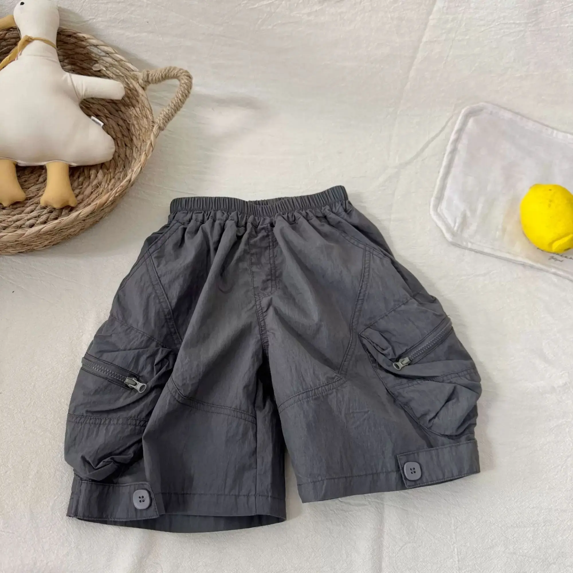 Kids Shorts 2026 Summer New Boys Girls Solid Pocket Cargo Pants Baby Japanese Trendy Cool Five Point Pants Thin