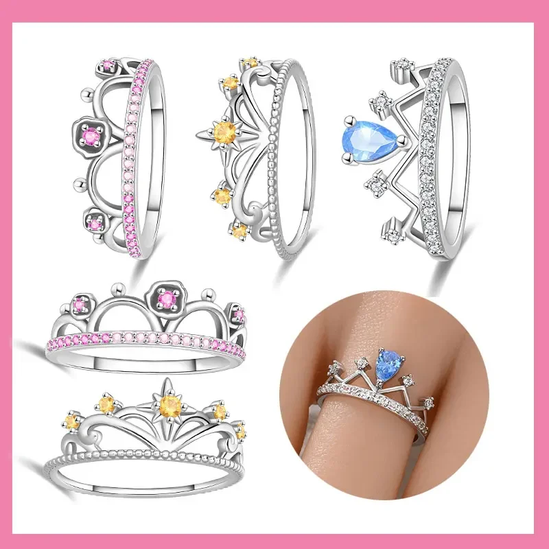 

925 Sterling Silver Fairy Tale Crown Series Glittering Aqua Blue Zircon Rings for Women Engagement Wedding Jewelry Fit DIY