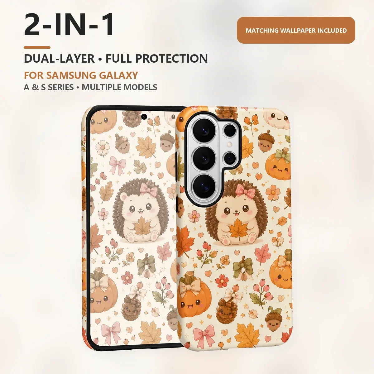 Cute Hedgehog Autumn Pattern 2-in-1 Dual-Layer Phone Case for Samsung Galaxy S26 S25 S24 Plus Ultra FE S20 FE A56 A17 A16 A15
