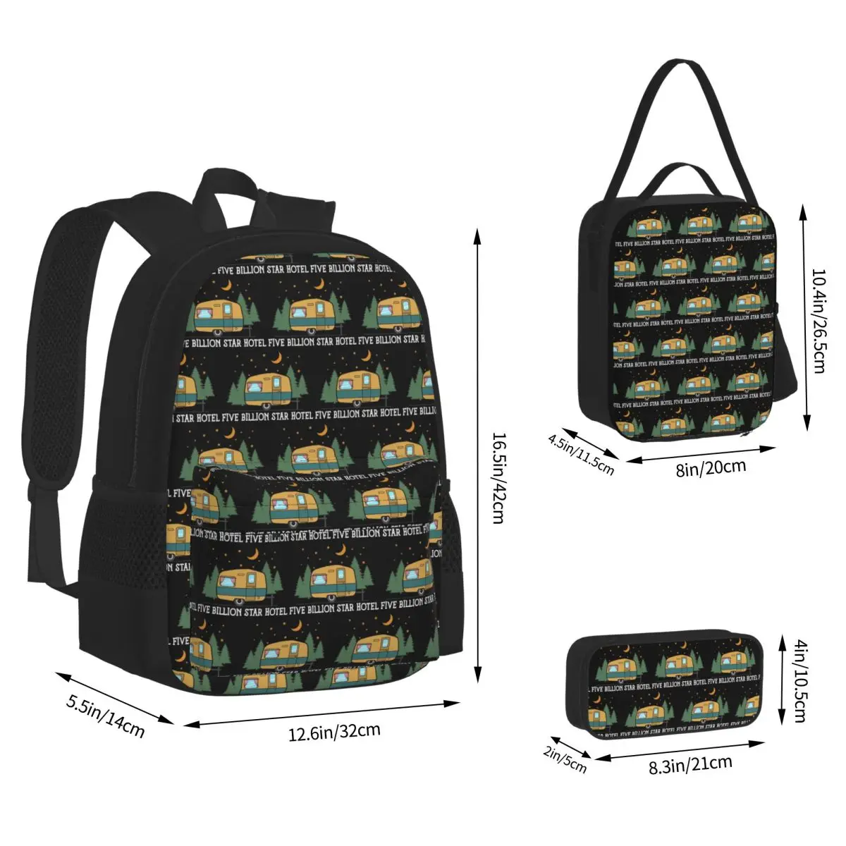 Camping Happy Camper Backpacks Boys Girls Bookbag School Bags Rucksack Lunch Bag Pen Bag Three-Piece Set