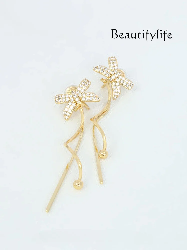 Bow tassel ear clips women's new niche mosquito coil disc light luxury high-end earrings long clip earrings