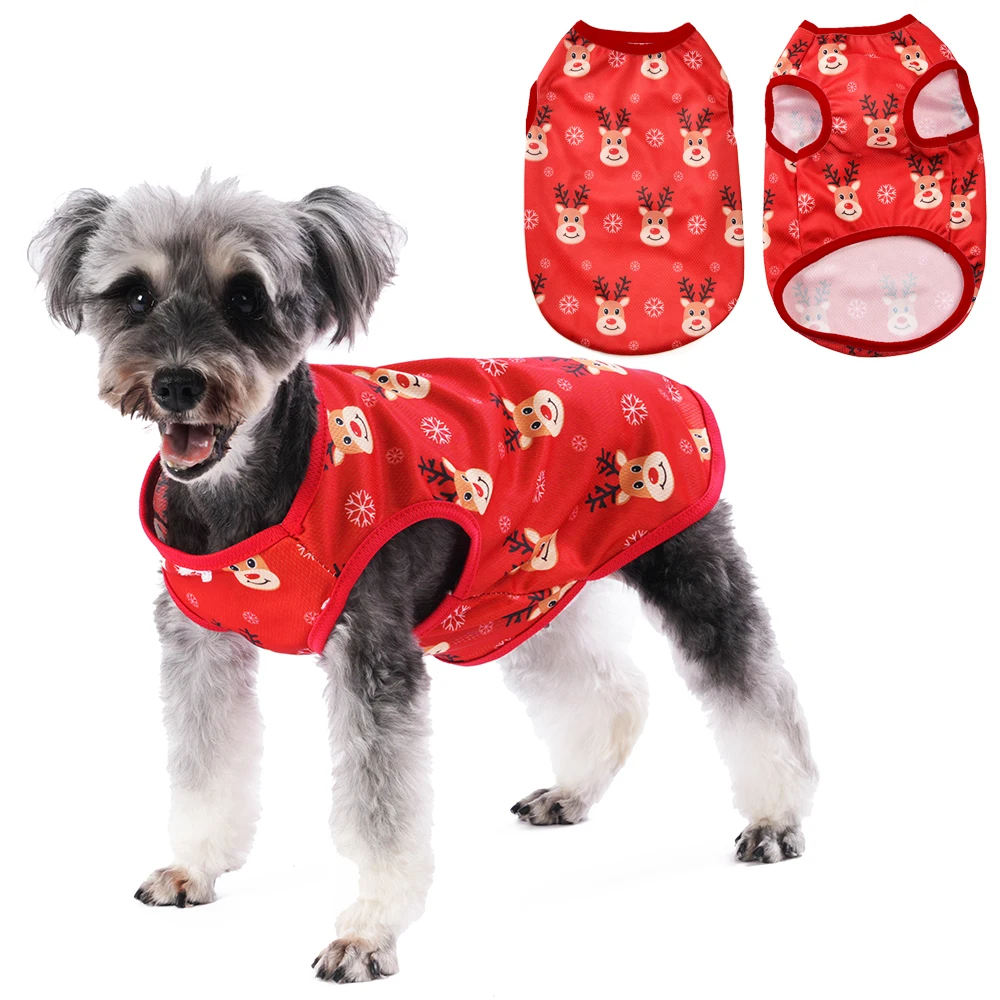 Christmas Deer Print Dog Clothes For Small Medium Dogs Cats Breathable Soft Puppy Vest T-shirt Schnauzer French Bulldog Pet Coat