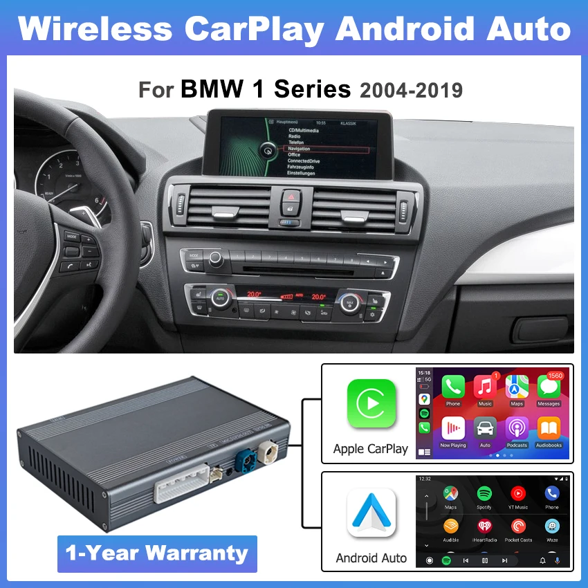 

Wireless CarPlay Android Auto Adapter for BMW 1 Series E81 E82 E87 E88 F20 F21 2004-2019, Support Mirrorlink, Navigation, Camera
