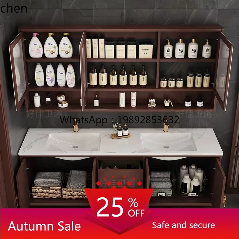 

modern new Chinese style solid wood bathroom cabinet combination ceramic integrated basin bathroom rock slab seamless basin