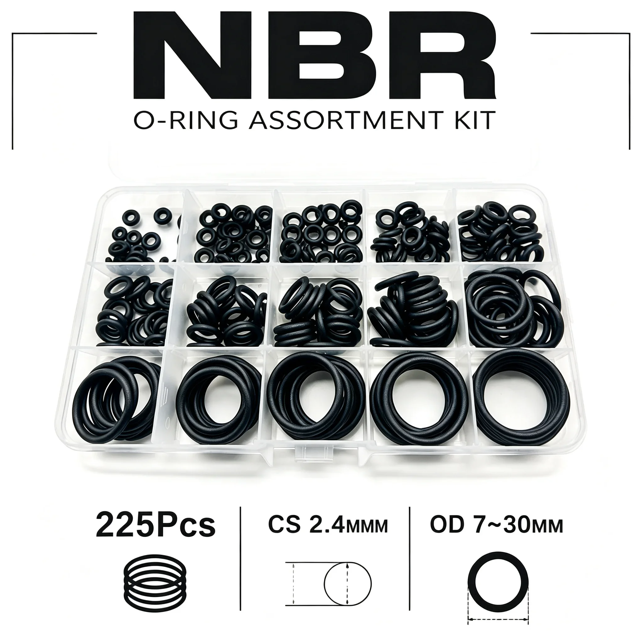 225Pcs Black NBR Nitrile Rubber O Ring Kit CS2.4mm OD7-30mm Oil Resistant Sealing Washer  Rubber O-Ring Set Assortment Kit