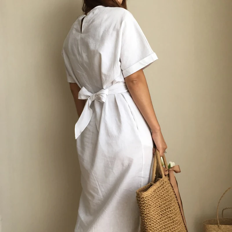 Women's Short Sleeve Bandage Split oversized Dresses 2024 Summer Casual Cotton Bodycon Vintage Long Dress Female Streetwear Ins
