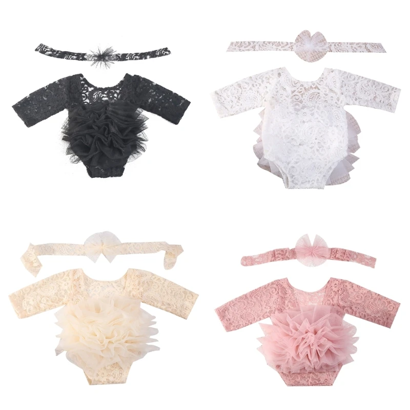 

New Elegant Newborns Mesh Romper Trend Baby Romper Headband for Memorable Moments