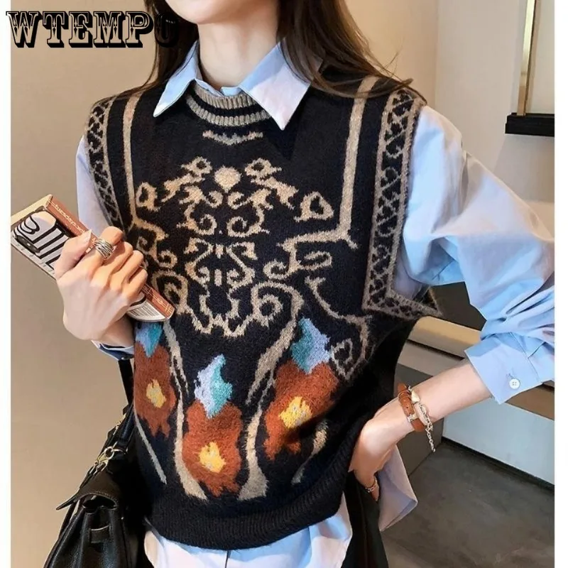 WTEMPO Women Vintage Totem Flower Pattern Sleeveless Knitted Vest Sweater Female Retro National Style Casual Autumn WaistCoat