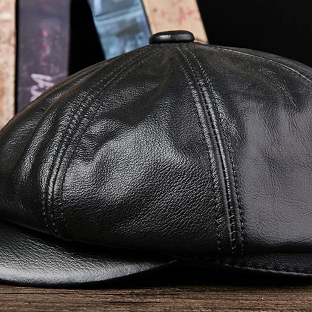 NEWSBOY Caps For Men Black Real Leather Octagonal Cap Male Autumn Winter Fitted Vintage High Quality Duckbill Hats Beret