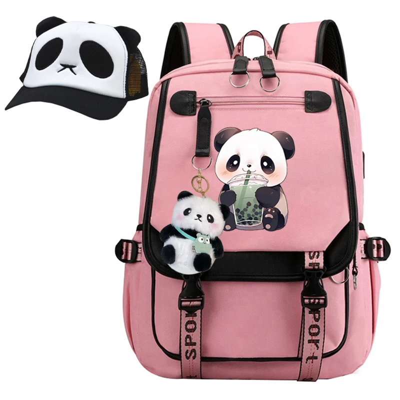인기 애니메이션 소녀 배낭 카와이 팬더 보바 티 애니메이션 만화 학교 가방, 모자, 백팩, 플러시 키체인, 3PS 풀 세일