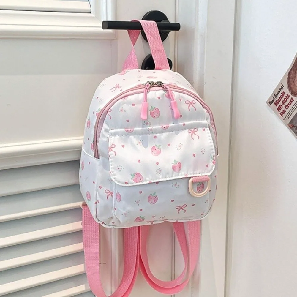 Casual Lightweight Mini Backpack Strawberry Nylon Bowknot Printed Bag Polyester Simple Daypack Daily Use