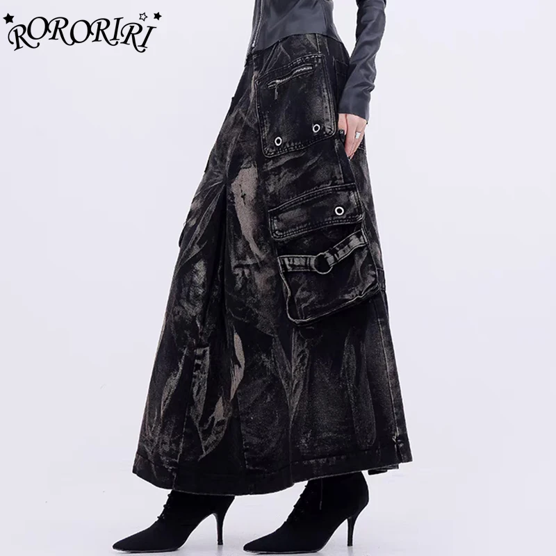 RORORIRI Women Eyelets Pockets Tie Dye Denim Cargo Skirt High Waist Wash Distressed Pleated Long Jeans Skirt Vintage Streetwear