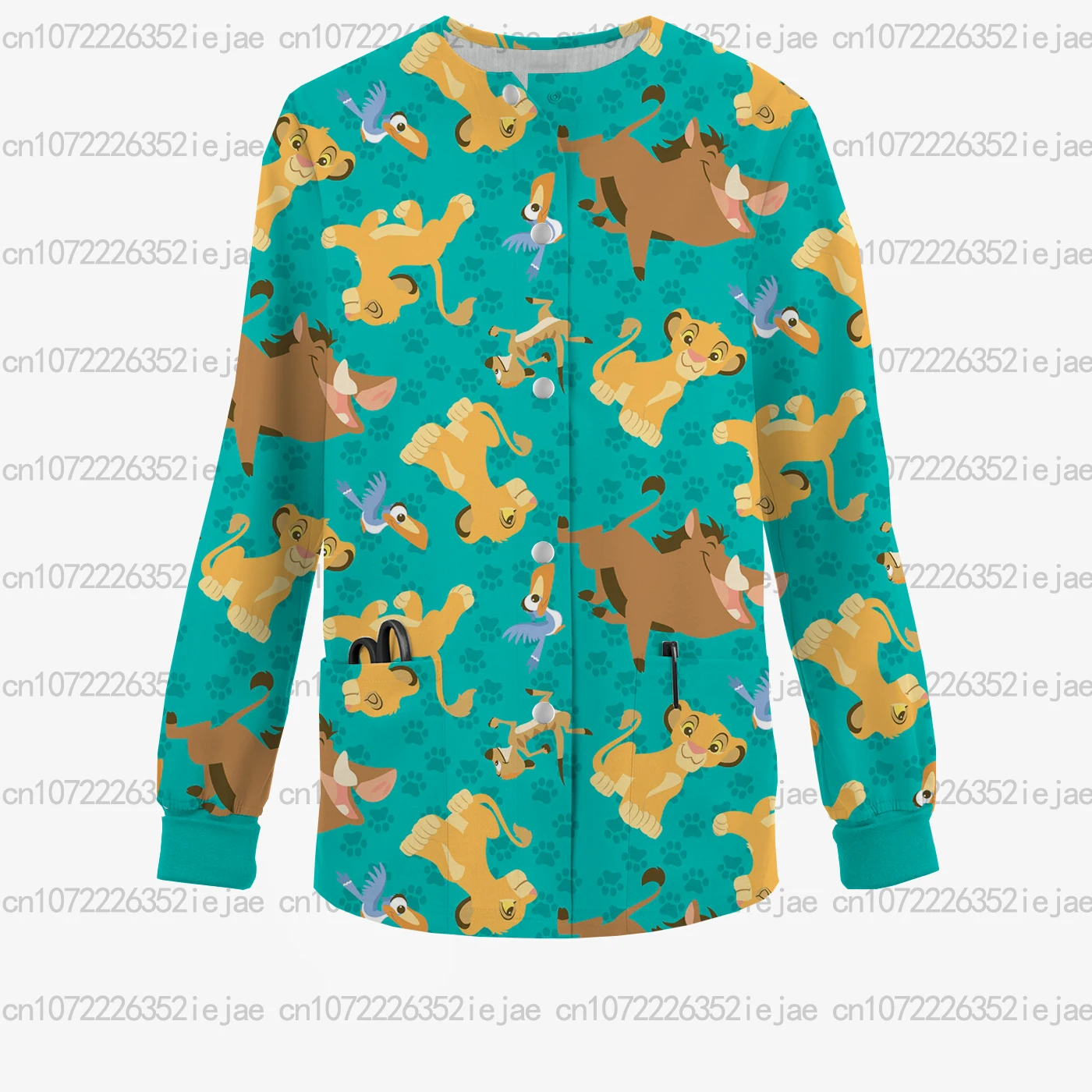Cardigan girocollo stampato, Disney Simba, giacca opaca da donna del re leone, giacca uniforme da lavoro medico/dentale alla moda