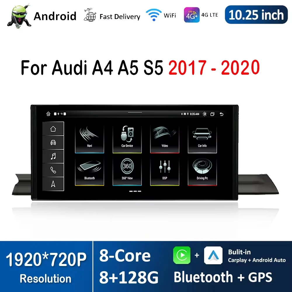 10.25 inch 1920*720P HD Touch Screen for Audi A4 A5 S5 2017 - 2020 Android Car Radio Video Multimedia Player Bluetooth 4G WiFi