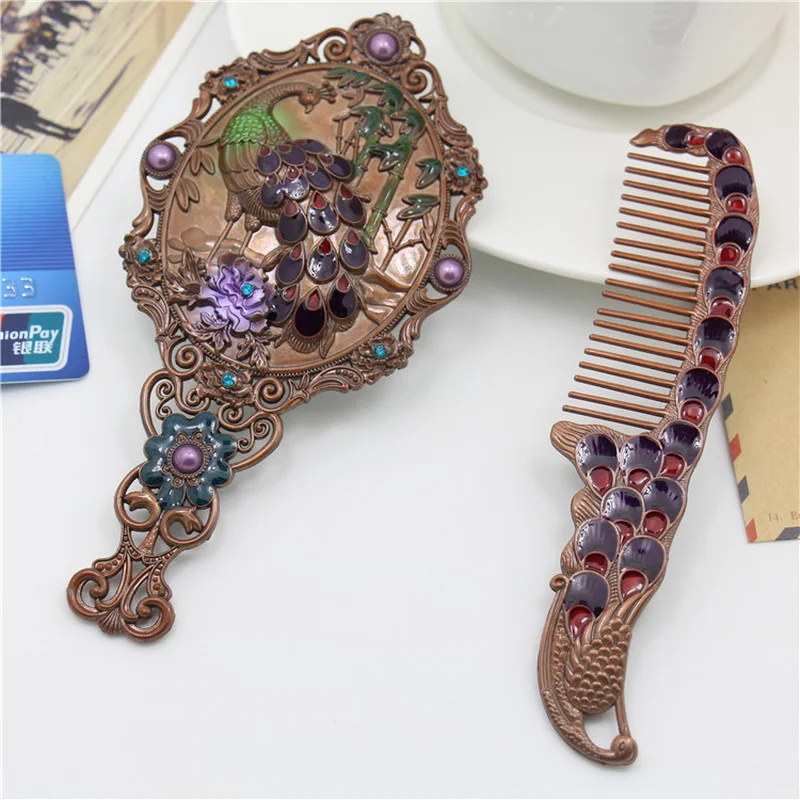 CASHOU93 Mirror Comb Retro European 3D Peacock Pattern Portable Makeup Mirror Comb Set Princess Mirror with Storage Gift Box