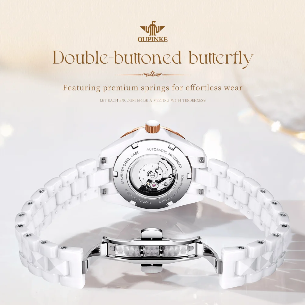 OUPINKE 3301 Brand Original Authentic Watch for Woman Gift Box All Ceramic Double Calendar Mechanical Women's Watch