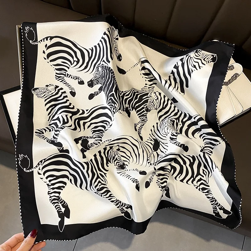 

Zebra Print 100% Silk Neckerchief Necktie Women Square Head Scarves Hijab for Hair Wrapping 68*68cm