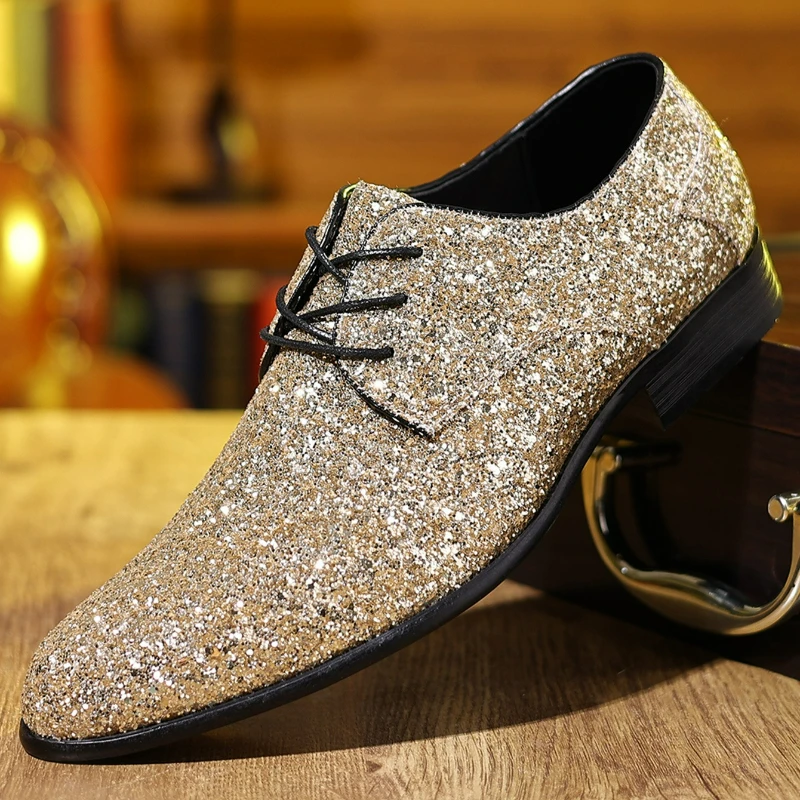 Luxury Men's Dress Shoes Lace-Up Oxford Shoes Gold Silver Sequin Wedding Shoes Plus Size Casual Shoe Pointed Toe Business Flats