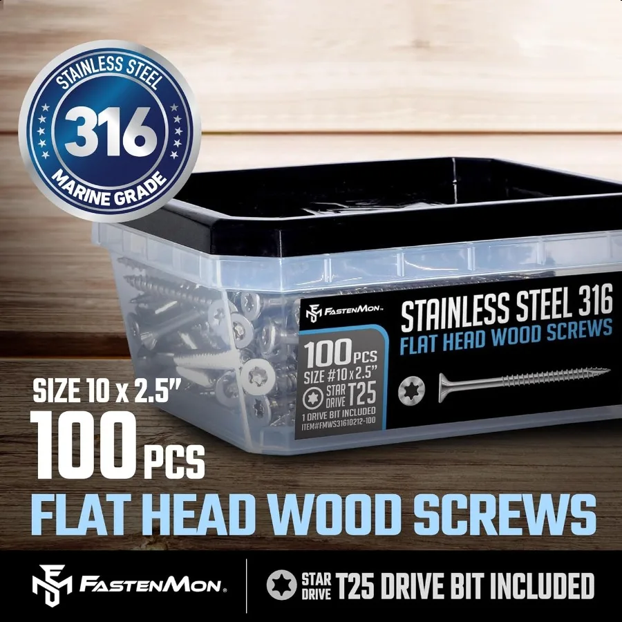 FastenMon 10 x 21 2 шурупы по дереву из нержавеющей стали морского класса, 100 шт. в упаковке с битами T25 Torx с плоской головкой, тип 17 точек, идеально подходят для