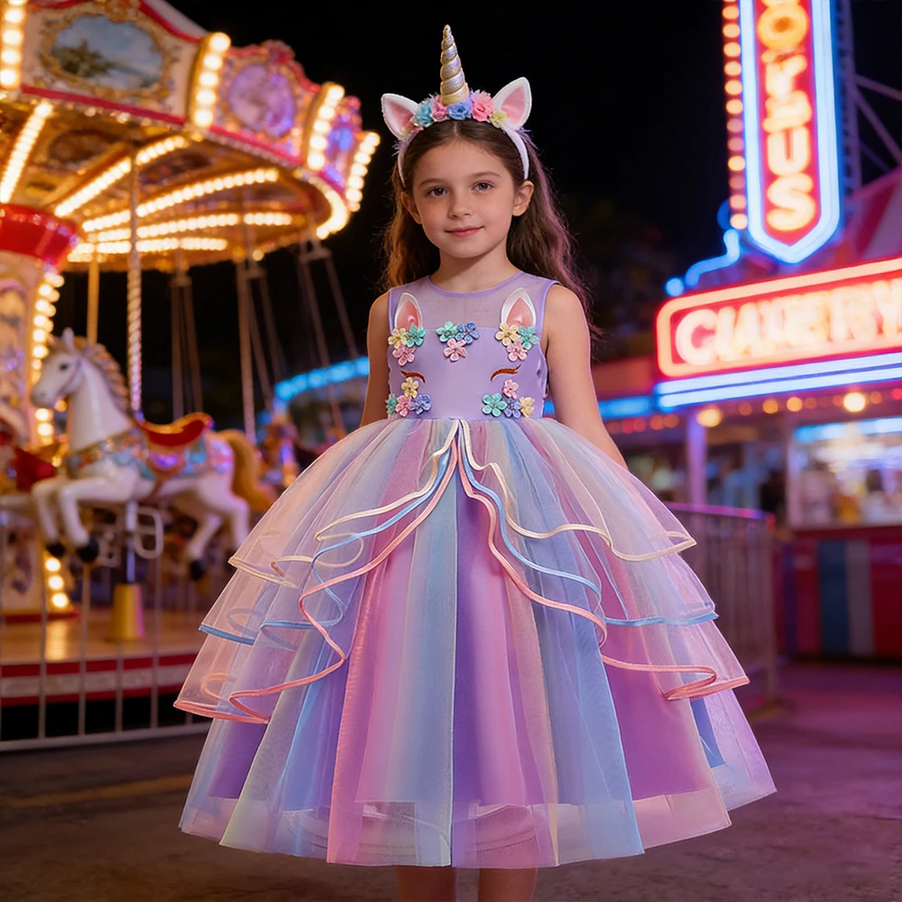 

Kids Elegant Evening Dress For Carnival Girls Party Dresses Gown Children's Birthday Dress Bowknot Colorful Girl Princess Dress