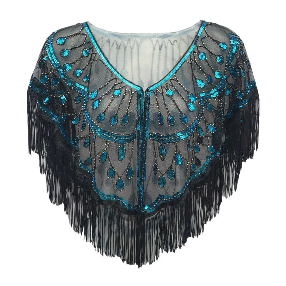 Women Sequined Shawl with Tassels Beaded Pearl Fringe Sheer Mesh Wraps Flapper Cape Cover Up