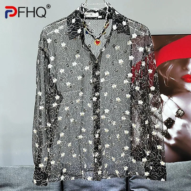 

PFHQ Men's Floral Pattern Print Male Shirts Summer Perspective Thin Luxury Sun Protection Clothing Chic Creativity Tops 21Z4858