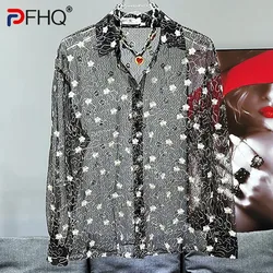 PFHQ Men's Floral Pattern Print Male Shirts Summer Perspective Thin Luxury Sun Protection Clothing Chic Creativity Tops 21Z4858