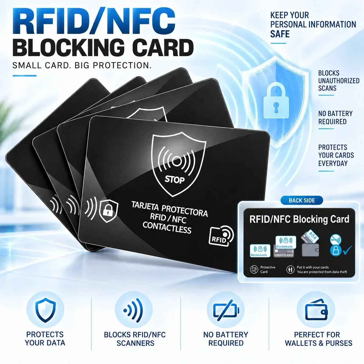 5er-Pack RFID-NFC-Blockierkarten, ultradünne, diebstahlsichere, kontaktlose Kartenhüllen für Kredit-, Debit- und Ausweiskarten, Geldbörsen und Portemonnaies.