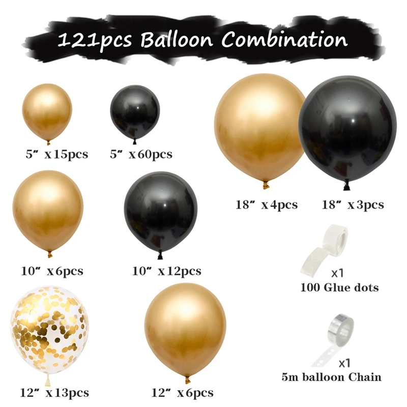 121Pcs Gold Black Balloons Arch Garland Kit Gold Sequins Balloons For Wedding Graduation Birthday Christmas Party Decor