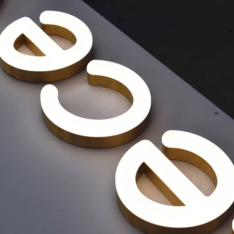 Customized Outdoor 3D Curved Surface Spherical Acrylic Neon LED Shop Sign, Gold Color Stainless Steel Imitation Neon Sign Logo