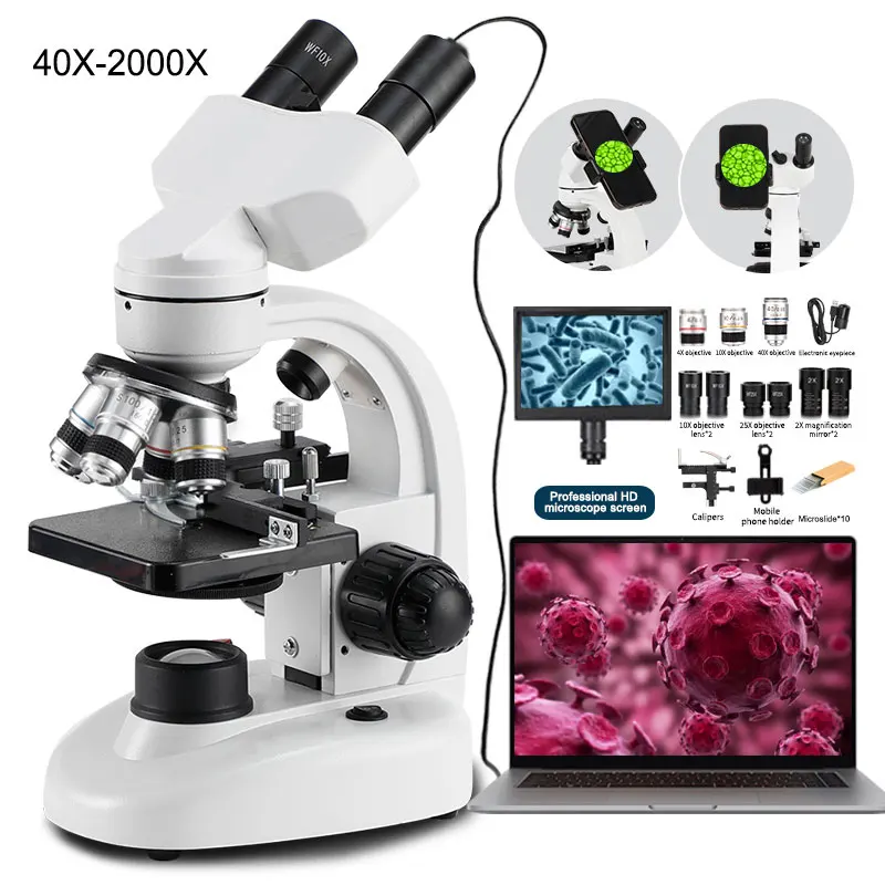 Optical Instrument 2000X Led Light Compound Binocular Biological Microscope With Display Screen