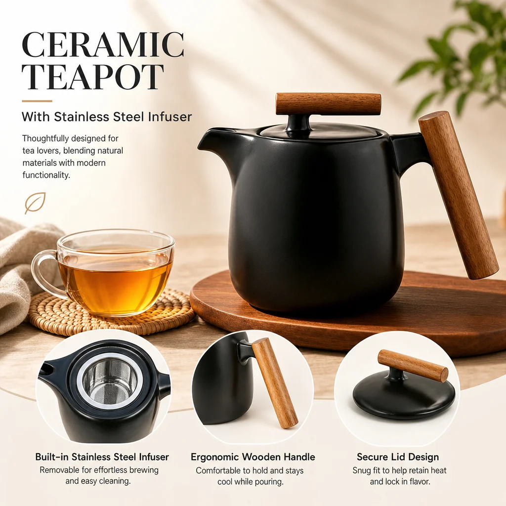 Japanese Black Ceramic Teapot Wooden Handle Porcelain Tea Pot with 304Stainless Steel Strainer Loose Tea Infuser Kung Fu Teaware