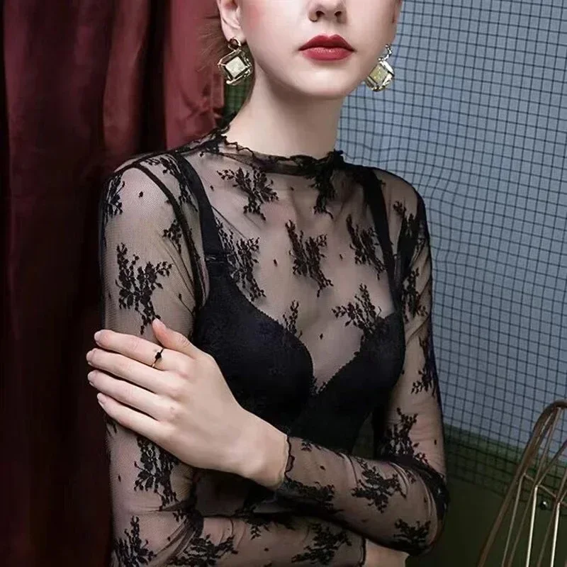

Летние женские кружевные блузки с цветочной вышивкой, рубашки, женские топы, сексуальные сетчатые блузки, прозрачная элегантная прозрачная черная рубашка