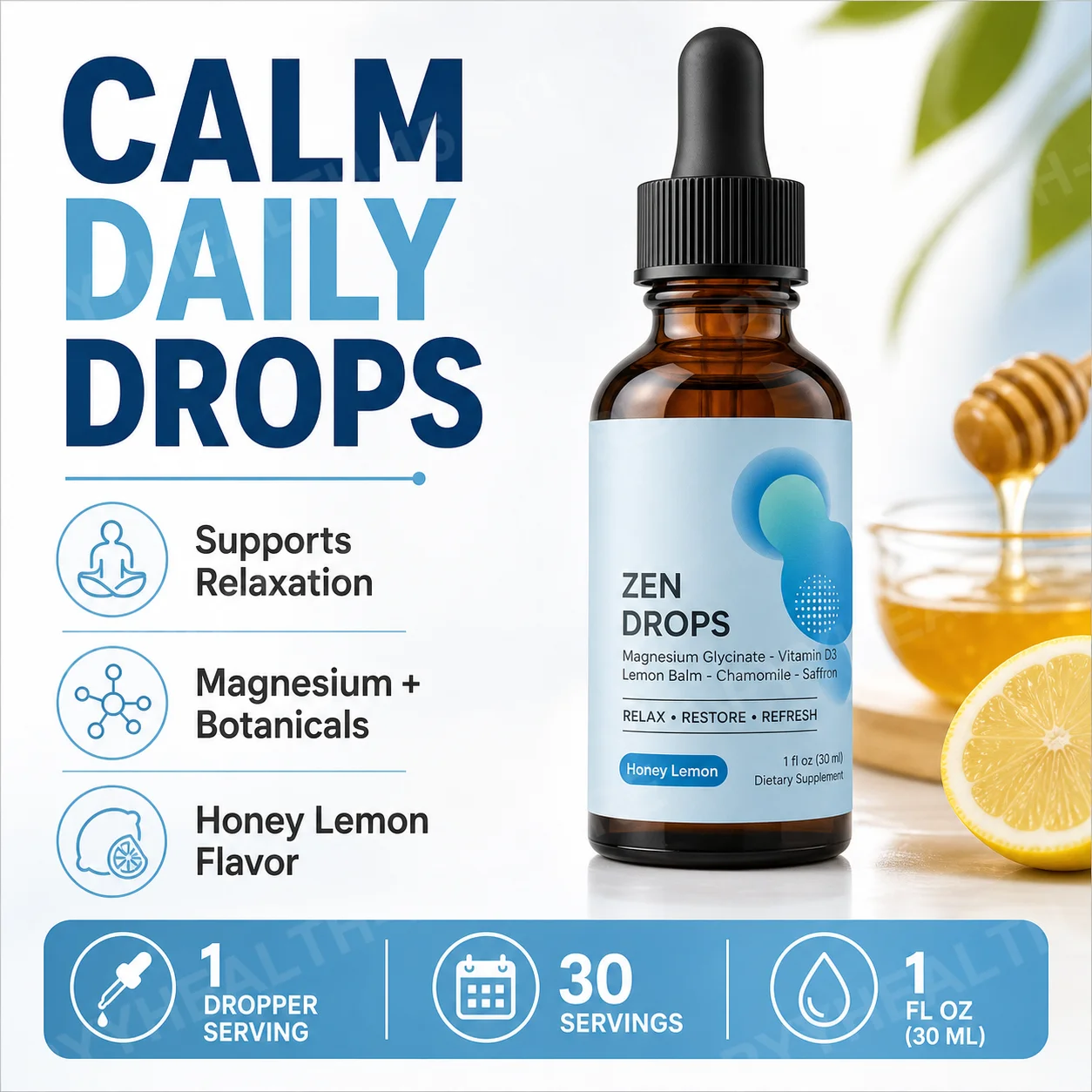 Magnesium Glycinate Liquid Drops with Vitamin D3 L-Theanine Lemon Balm Calm Routine Vegan Non-GMO Adults Supplement 30 Servings