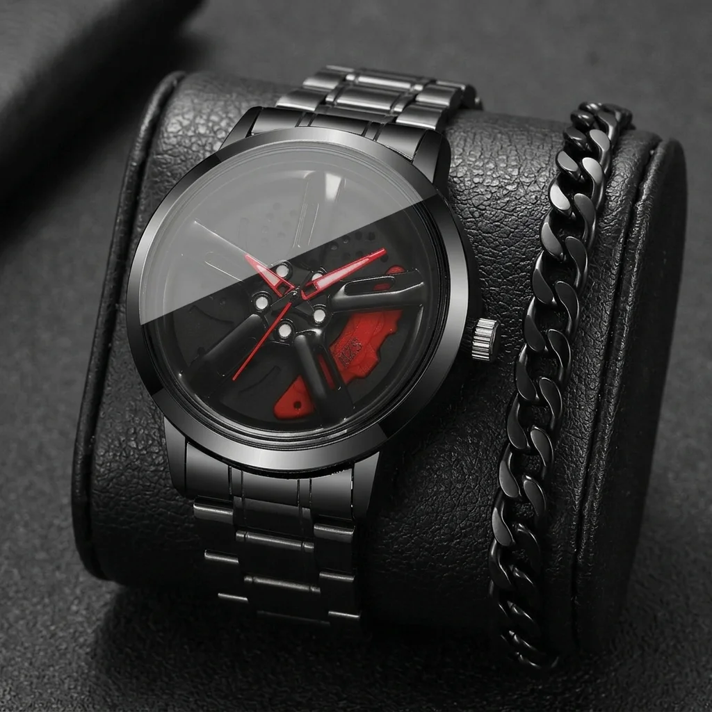 2PCS Luxury Men's Stainless Steel Quartz Watch Rotating Bezel Car Wheel Dial Sports Wristwatches Relogio Masculino (Without Box)