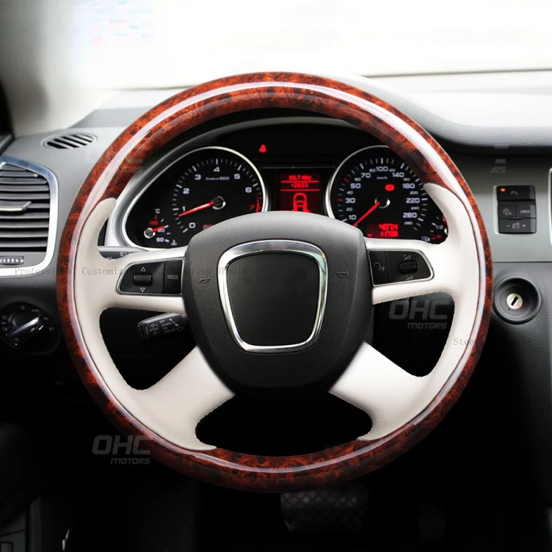 Suitable for Audi 2004 A4 series flat leather walnut wood car steering wheel and center console modification parts