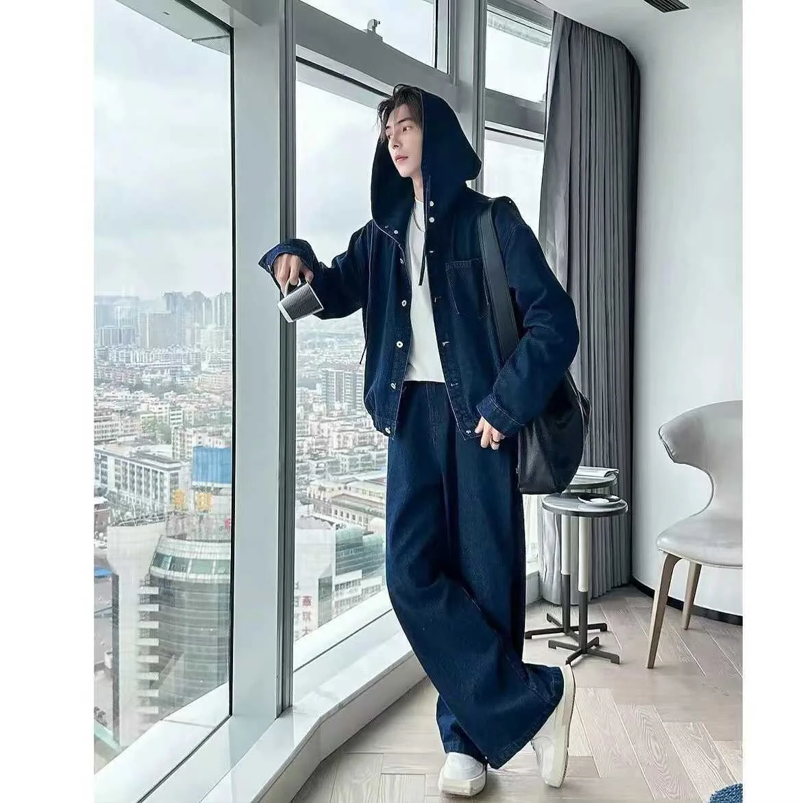 

Мужская повседневная джинсовая толстовка с капюшоном, осенний модный комплект, свободная пара, высококачественный комплект для отдыха, винтажный дизайн, комплект из двух предметов