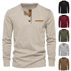 New Men's Long Sleeve T-shirt Spring And Autumn Comfortable Corduroy Fake Pocket Daily Casual Henry Shirt Fashion Men's Clothing