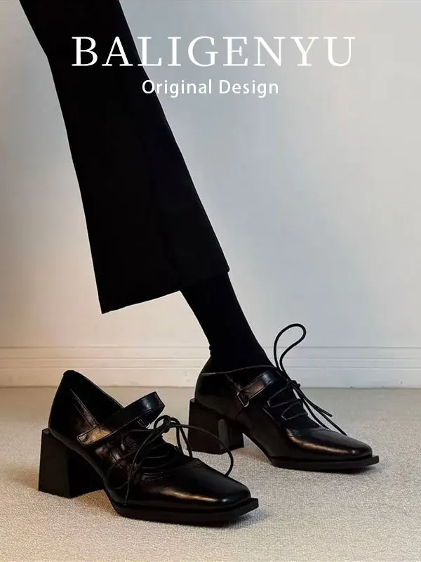 Leather Version Retro Square Head Thick Heel Mary Jane Shoes Women's One-Strap Low Cut Versatile Women's Shoes Elegant Style