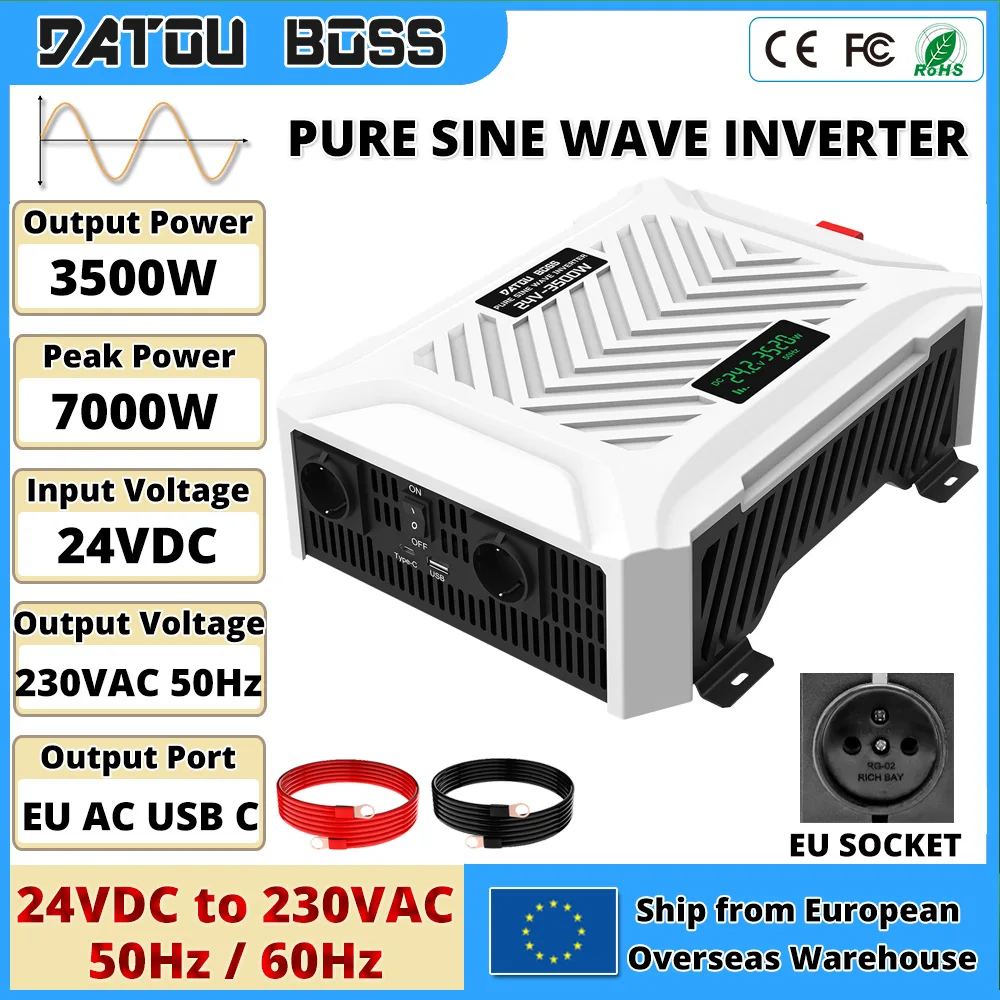DATOUBOSS 3500W 24V Onduleur à Onde Sinusoïdale Pure DC vers AC 230V 50Hz pour Camping-car et Voiture, Prise AC EU, USB-C, Écran LCD, Certifié CE