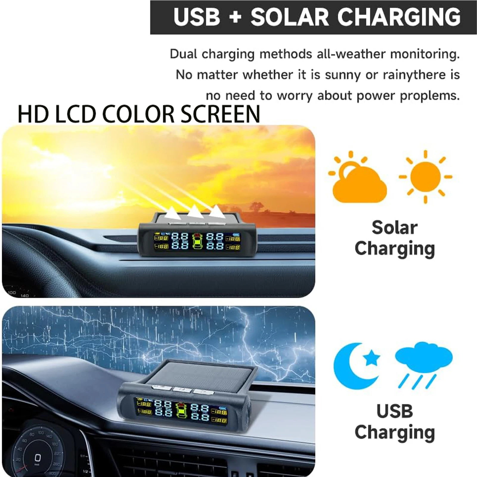 TPMS Tyre Pressure Monitoring System Solar Power Digital LCD Display Auto Security Alarm Systems With 4 Sensors