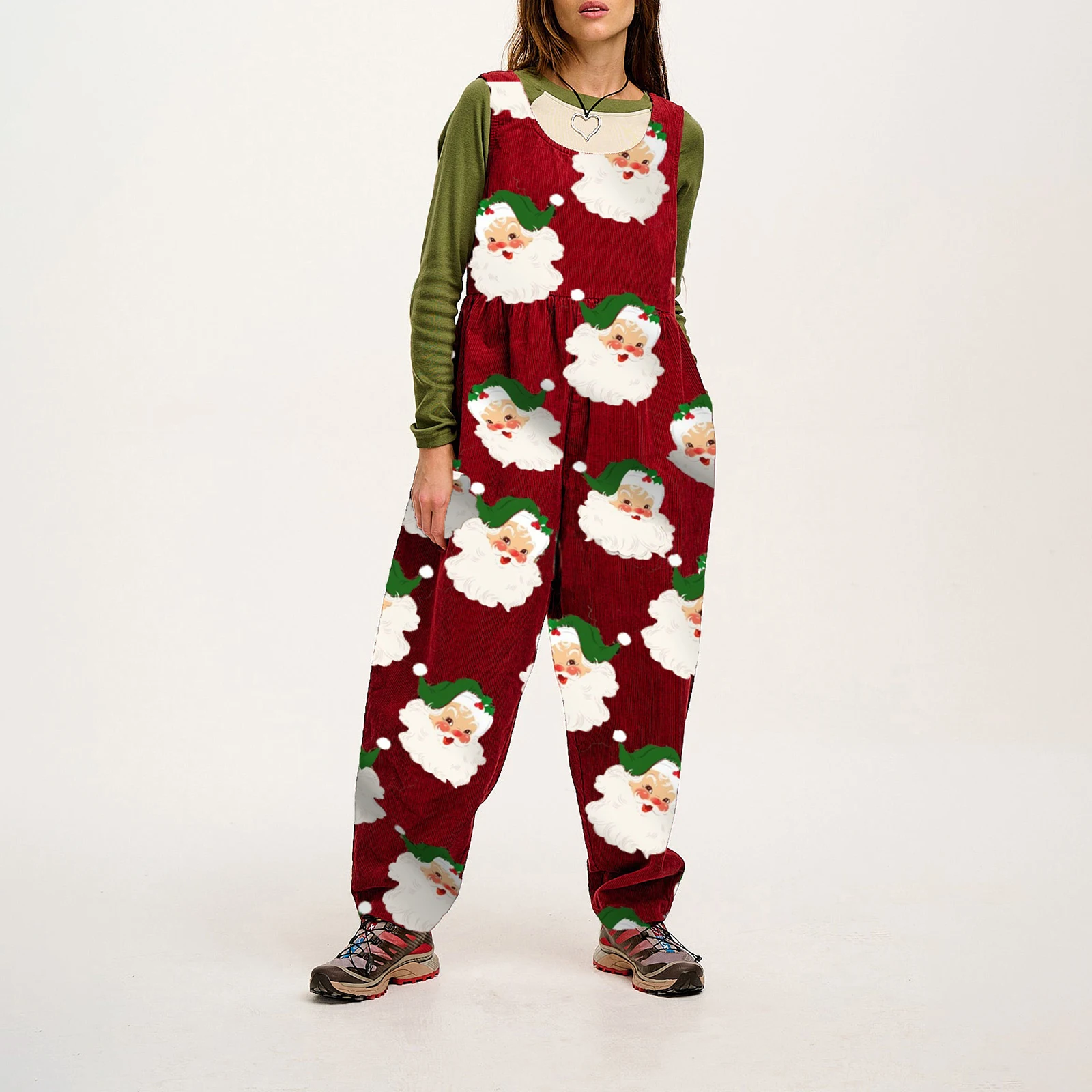 Women Christmas Bib Overalls Santa Claus Print Baggy Jumpsuit Romper Pants with Pockets Y2K Festival Holiday Clothes