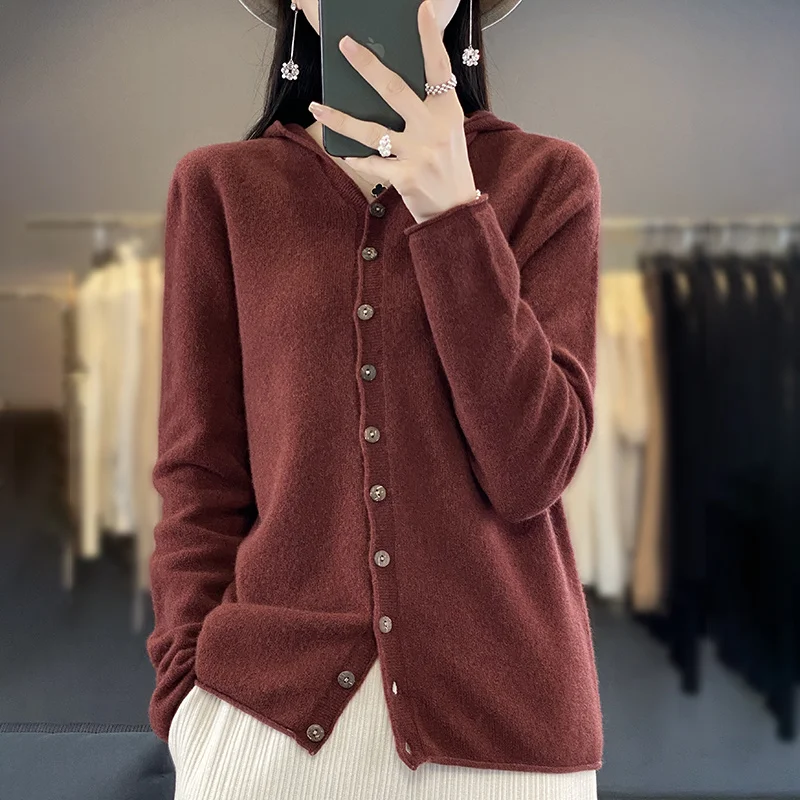 Autumn/Winter Hooded Cardigan Women\'s 100% Merino Wool Long-sleeved Knitwear Soft Sweater Women\'s Clothing Solid Color Top