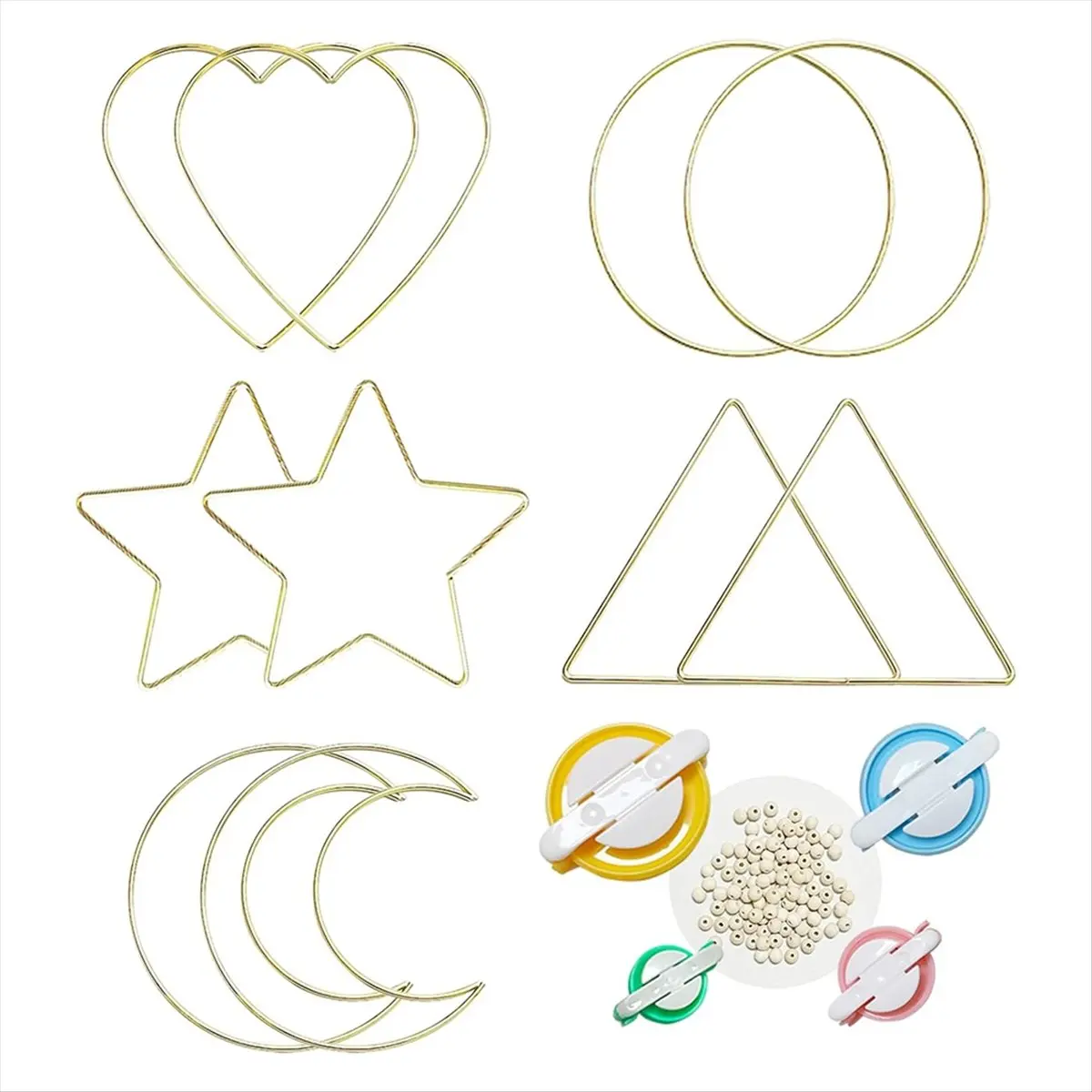 A187K Dream Catcher Rings Set, Metal Hoops for Crafts, 6 Inches Macrame Rings Gold, 5 Shapes Metal Hoops 4 Size Pompom MakersSPE