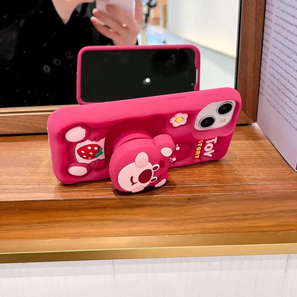 For iPhone 15 Pro Max 15 14 Pro Max  3D Stitch Kitty Face Grip Tok Holder Cartoon Silicon Soft Phone Case