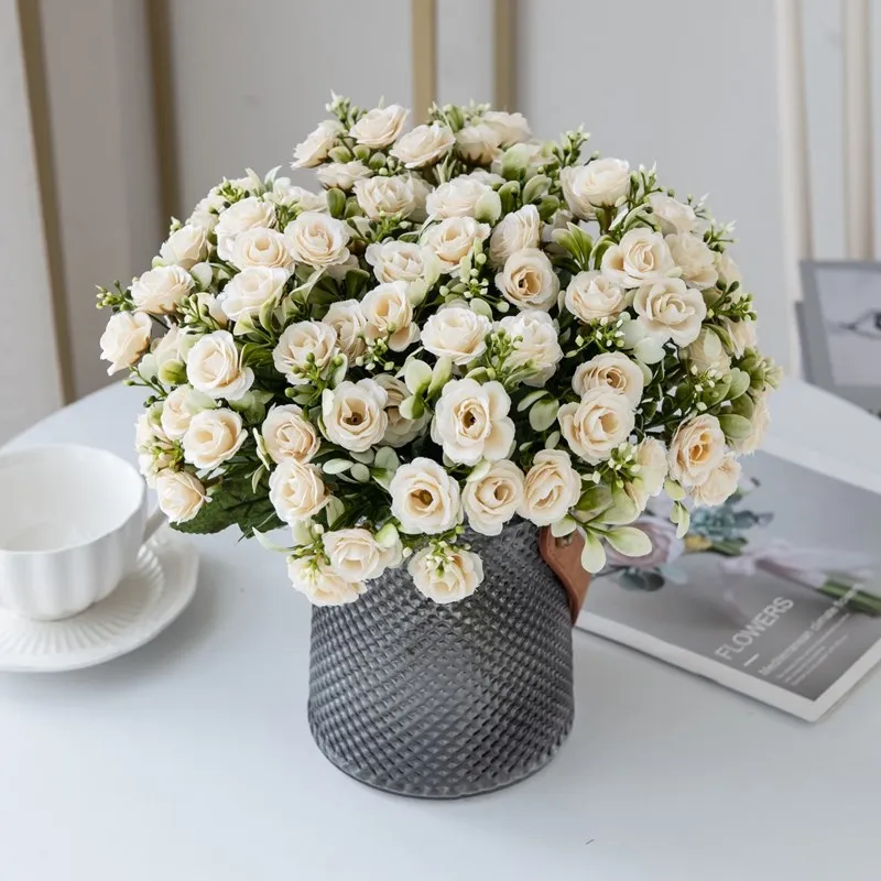 5 Zweige, 15 Blüten, Seidenrosen für Hochzeitssträuße, Festivals, Girlanden, Dekoration, Wohnzimmer, Bonsai, künstliche Blumen, Handarbeit – Detail 2