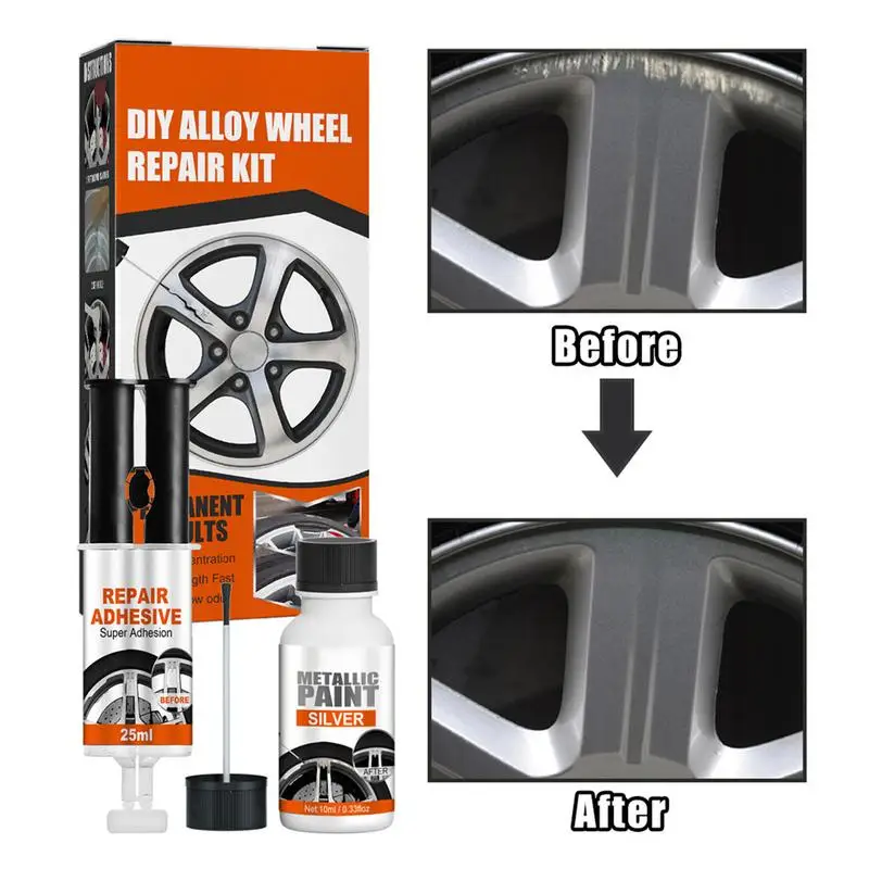 Wheel Scratch Repair Kit Aluminum Alloy Iron Steel Wheel Rim Repair Adhesive Kit Scratches Minor Dents Mounting Damage remover