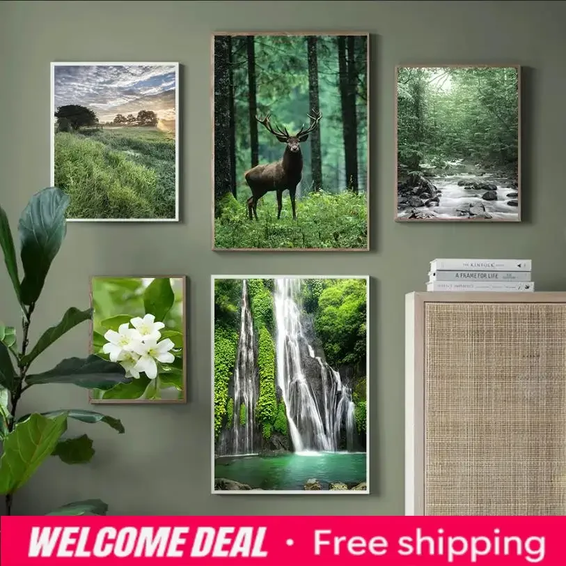 2026  Green Forest Canvas Poster Wild Deer Waterfall Stream Flower Leaf Spring Bedroom Print Painting Nature Landscape Pictur