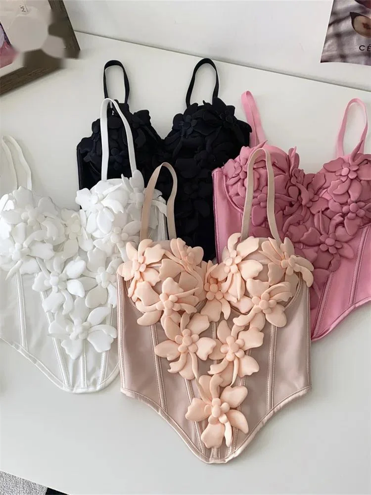 

Female 3D Floral Sexy Top Chest Pad Solid Backless Y2K Vintage Camis Trendy Streetwear Corset Skinny Lingerie Tank Top